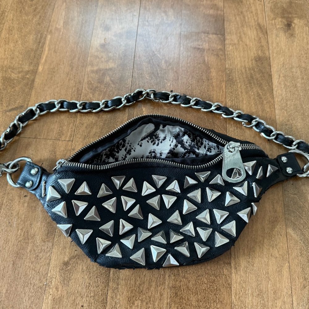 Black Studded Leather Chain Belt Bag